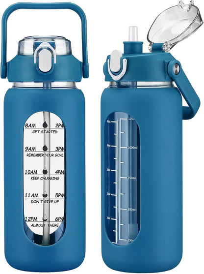 64oz Glass Water Bottles with Straw, Half Gallon Motivational Glass Bottle with Silicone Sleeve and Time Marker, 2L Leakproof Large Glass Water Jug for Gym Home Office,olive