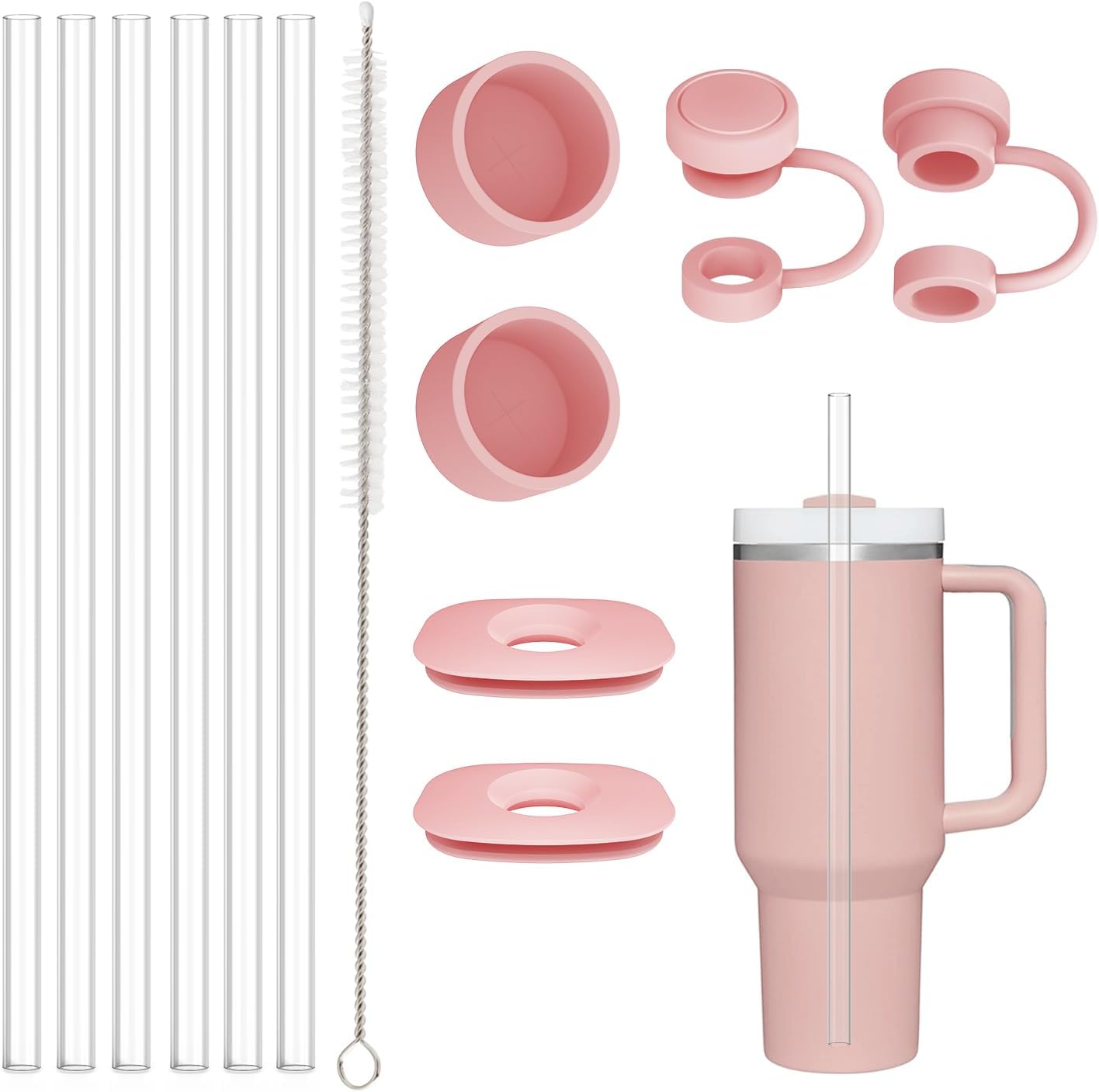 Replacement Straw Compatible with Stanley 40 oz 30 oz Cup Tumbler, 6 Pack Reusable Straw with Cleaning Brush, Plastic, Clear