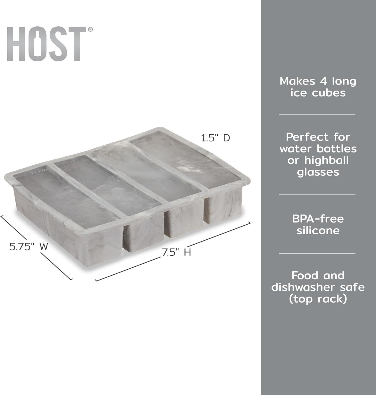 Host Ice Cube Tray, Makes Four 5-Inch Long Cubes, Durable Silicone Trays with Easy Release Design, Perfect for Water Bottles and Highball Glasses, Home Bar Accessories, Set of 1, Marble