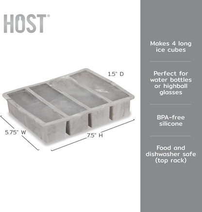 Host Ice Cube Tray, Makes Four 5-Inch Long Cubes, Durable Silicone Trays with Easy Release Design, Perfect for Water Bottles and Highball Glasses, Home Bar Accessories, Set of 1, Marble