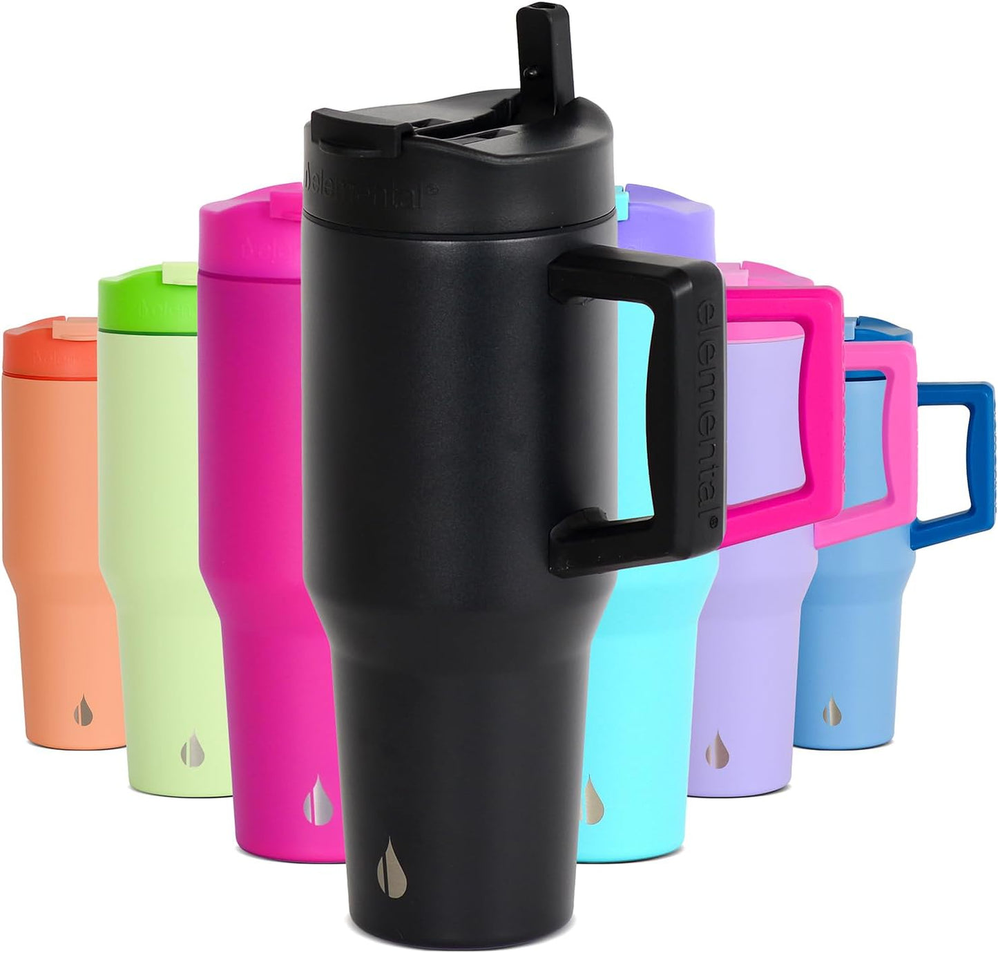 Elemental 32 oz 100% Leak Proof Tumbler with Handle & Straw - Stainless Steel Double Wall Insulated Tumbler for Hot and Cold Beverages - Travel Coffee Mug with Sip & Straw Lid - White - Colors A