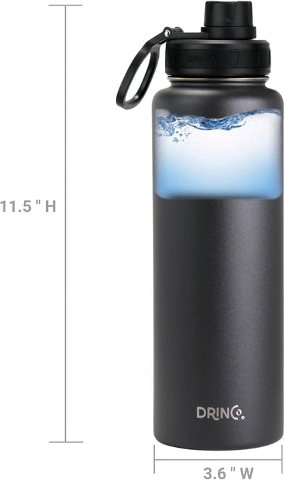Drinco Stainless Steel Water Bottle Spout Lid Vacuum Insulated Double Wall Water Bottle Wide Mouth (40oz 32oz 22oz 18oz 14oz) Leak Proof Keep Cold Sport Camping Hiking (22 oz, 22oz Black)