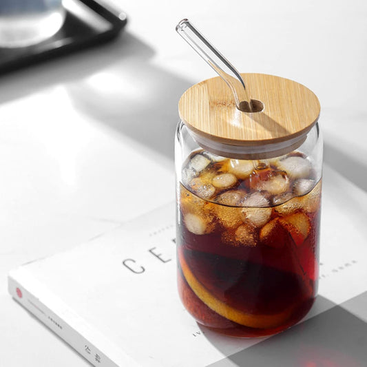 Drinking Glasses with Bamboo Lids and Glass Straw, 16oz Glass Cups with Lids and Straws, Beer, Iced Coffee Glasses, Soda, Gift 1 Cleaning Brushes