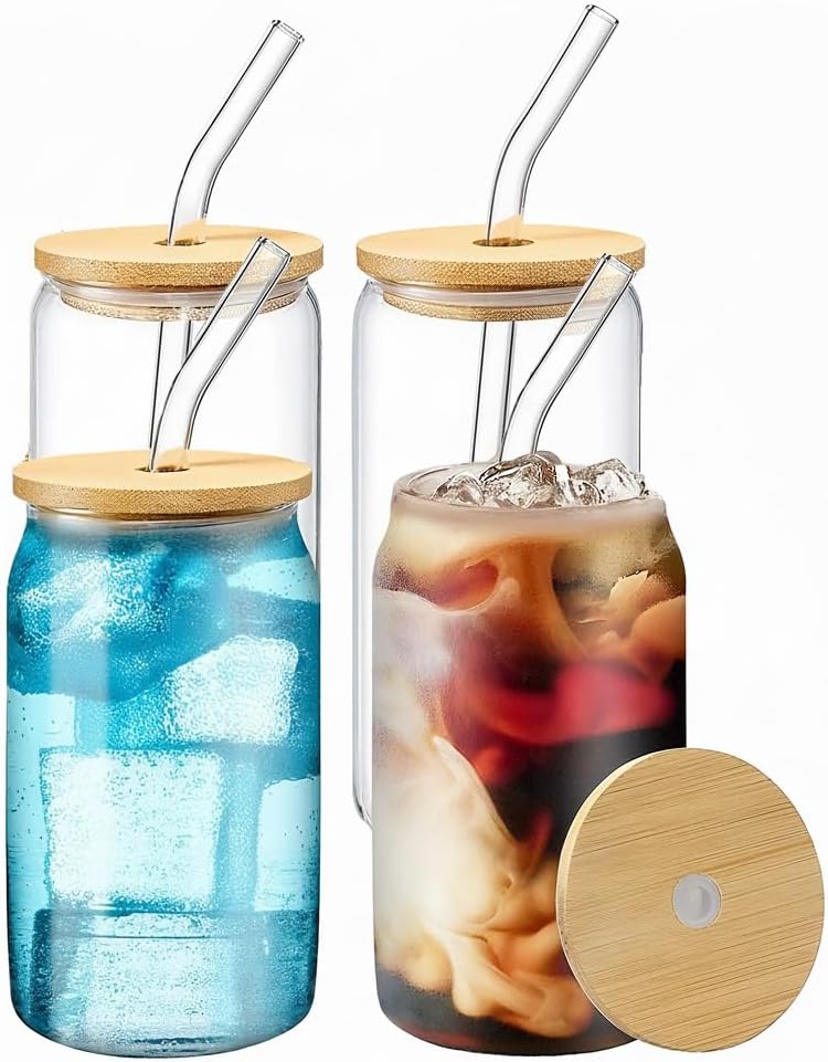 Drinking Glasses with Bamboo Lids and Glass Straw, 16oz Glass Cups with Lids and Straws, Beer, Iced Coffee Glasses, Soda, Gift 1 Cleaning Brushes