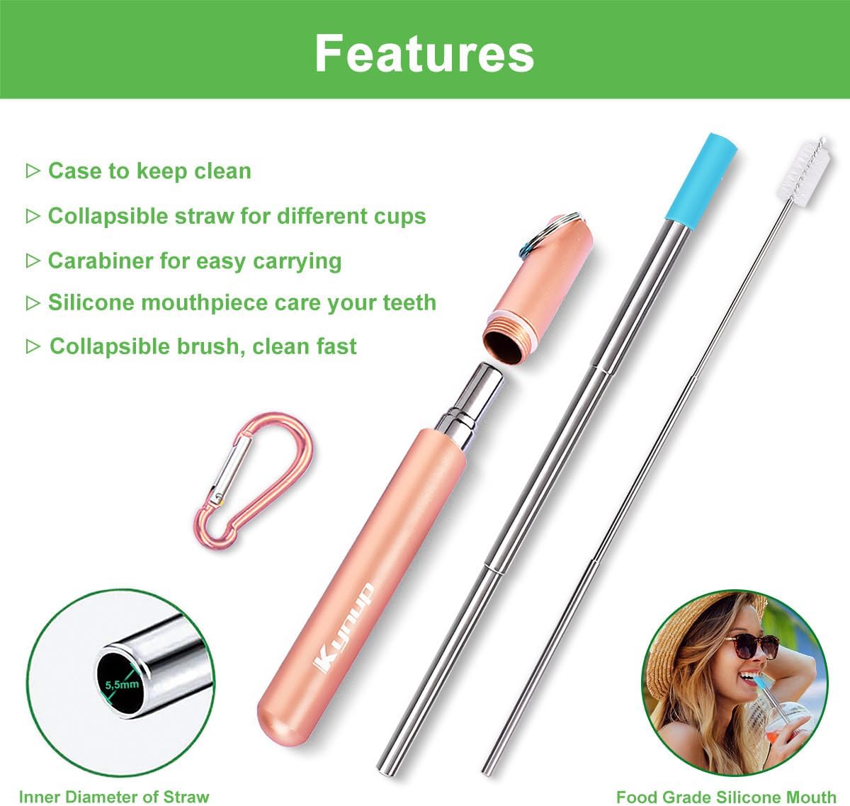 Kynup 4Packs Reusable Straws, Metal Straw with Silicon, Travel Drinking Straws with Case, Keychain, Cleaning Brushes, Silicon Pcs Perfect for Travel, Gifts (20 PCS) Blue-Black-Silver-Turquoise