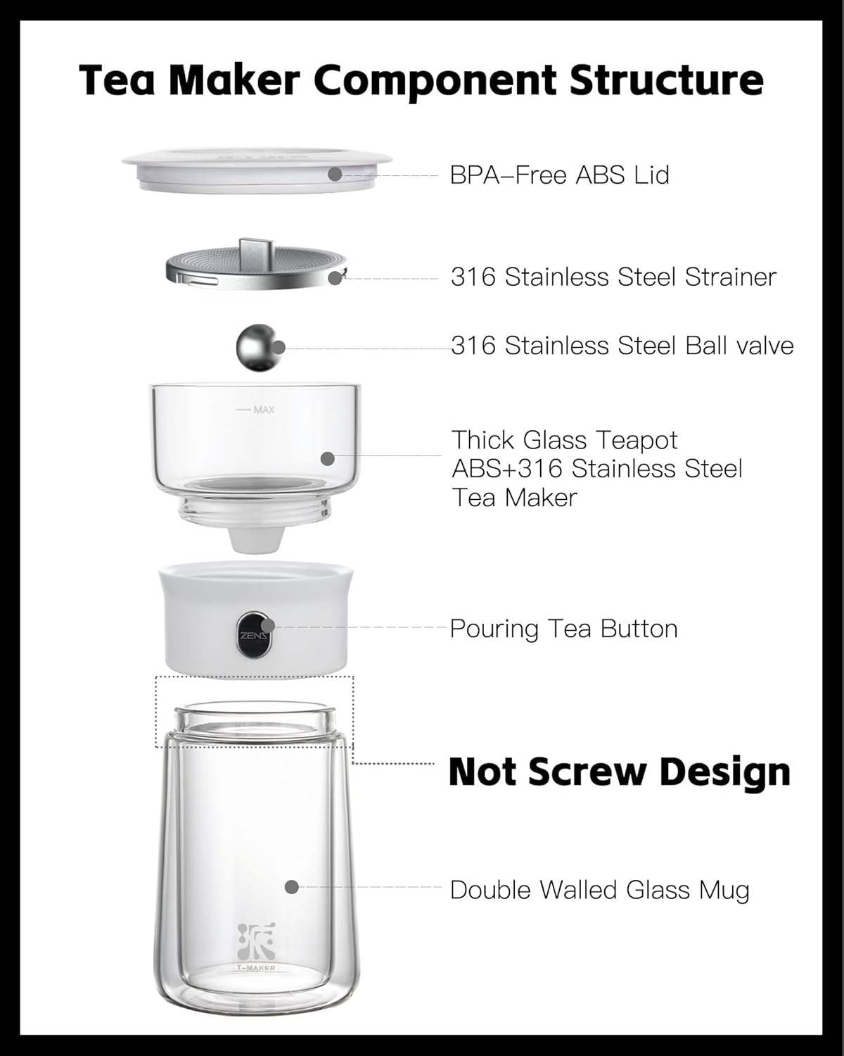 ZENS Modern Glass Infuser Teapot, One Touch Tea Maker for Loose Leaf Tea with Insulated Mug and Portable Case. Enchanted Pot Alternatives for Tea Lover Gifts