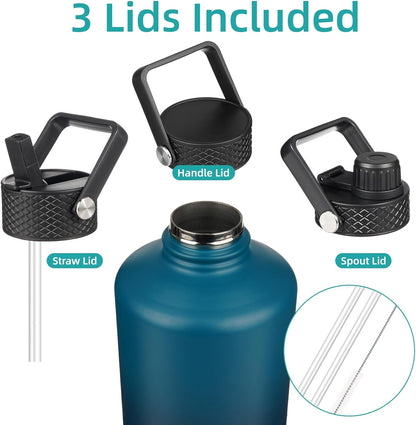 Konokyo 22oz Stainless Steel Bottles with 3 Lids Sport Insulated Water Bottle,Mint