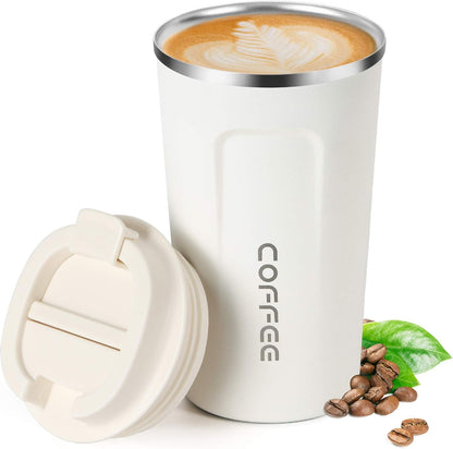 17oz (510ml) Vacuum Insulated Coffee Travel Mug, Leak proof Double Wall Stainless Steel Reusable Cup with Lid, Thermal Tumbler for Hot and Cold Drinks, Matte Texture White