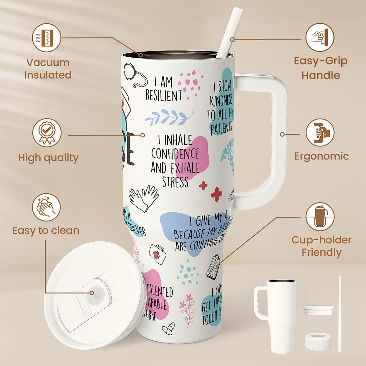 Floral Tumbler with Handle 40oz, Stainless Steel Insulated Tumblers Coffee Travel Mug Cup with Straw, Flower Coffee Cup Gifts for Women Girls, Gift for Her on Christmas Birthday Mothers Day