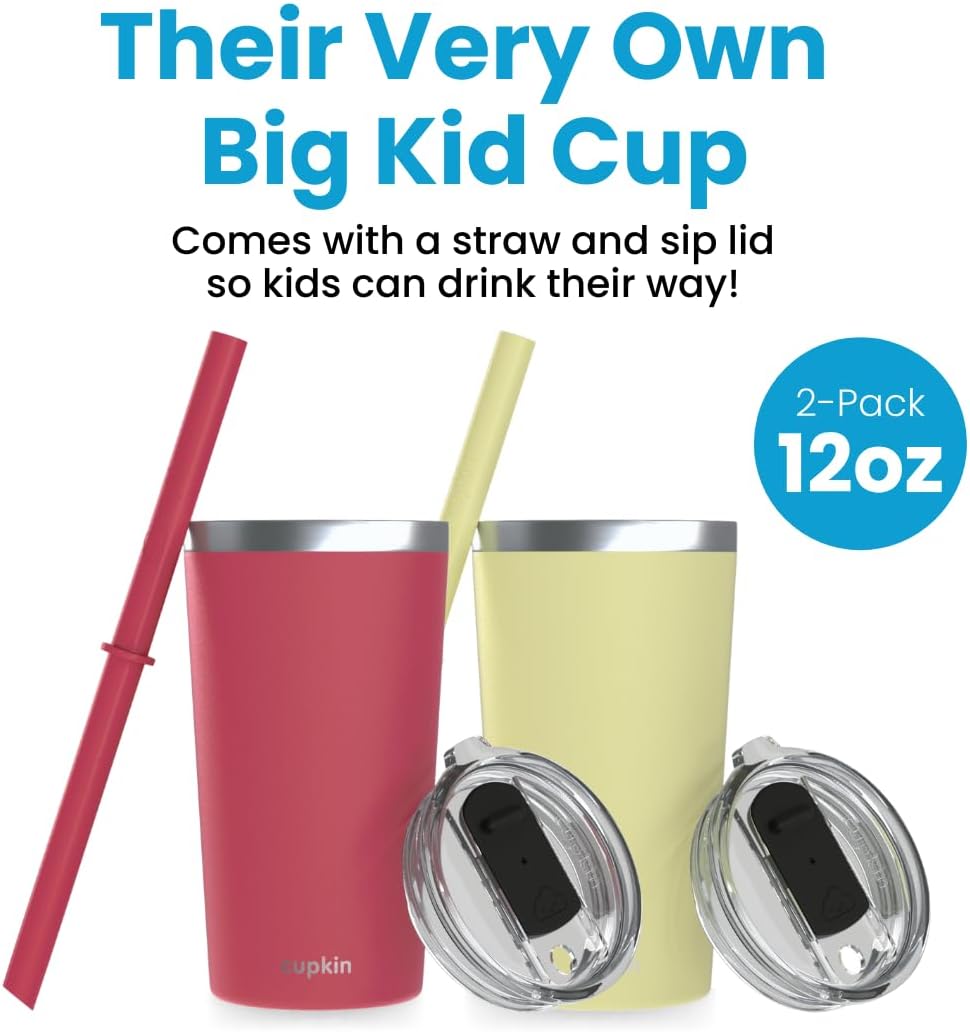 CUPKIN Stainless Steel Insulated Tumbler with Lid and Straw, 20 oz Stainless Steel Cups, Set of 2 Travel Coffee Mug for Adults, Iced Coffee Cup with Lid, Tumbler for Travel (Coral + Yellow)