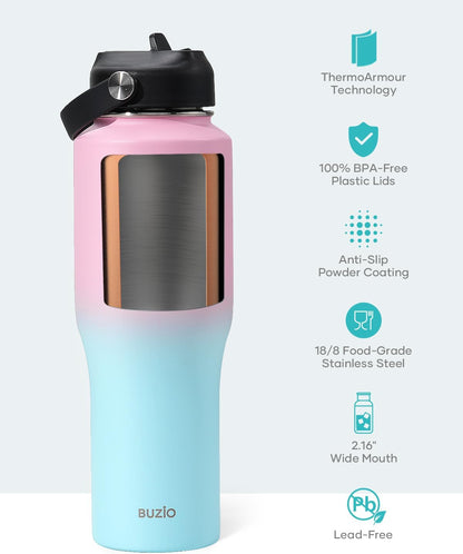 BUZIO 40oz Insulated Water Bottle Fits in Any Car Cup Holders, 40oz Vacuum Insulated Tumbler with Lids and Straw for Water, Travel Mug Cupholder Friendly, Leakproof Keep Cold & Hot, Indigo Crush