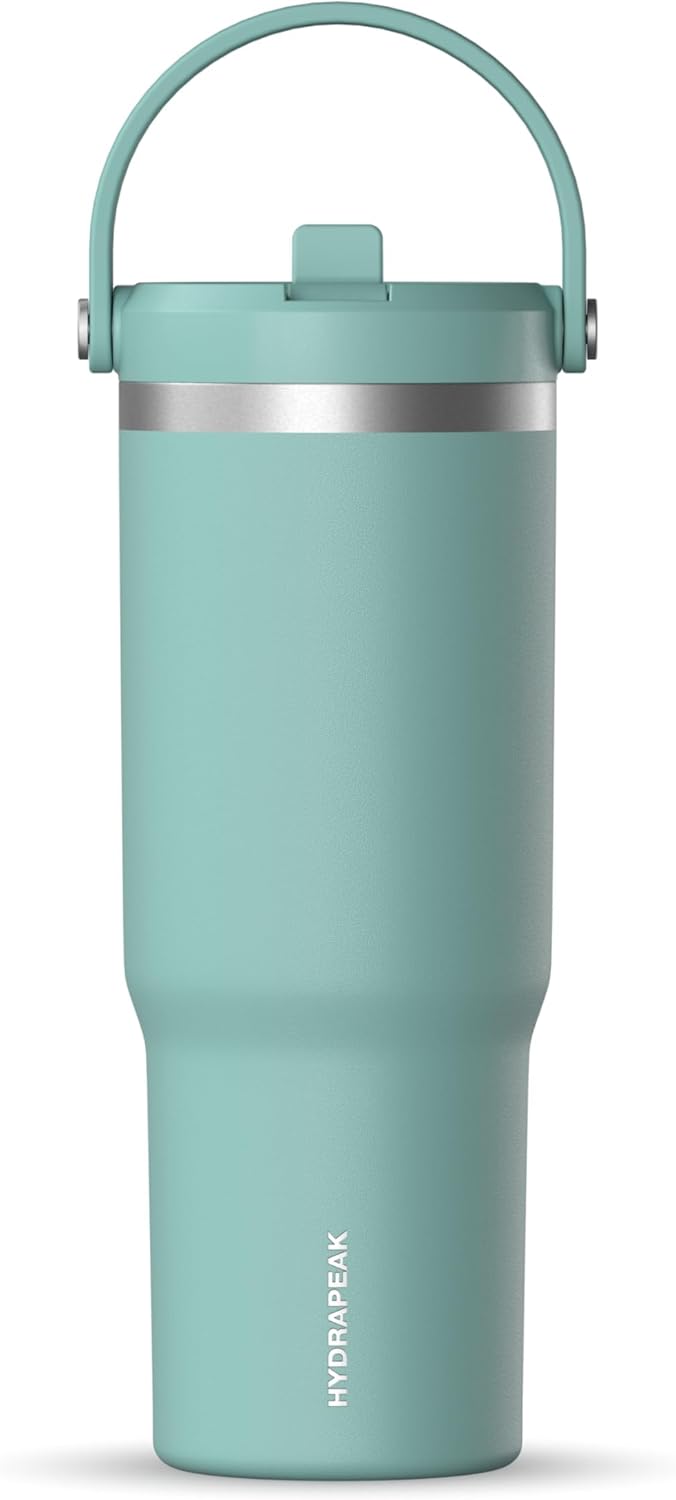 Hydrapeak Nomad 32oz Insulated Stainless Steel Travel Tumbler with Handle & Straw Lid, Leakproof, Cupholder Friendly, Keeps Drinks Cold 24 Hours, Reusable Bottle for Daily Hydration (Pale Sage)