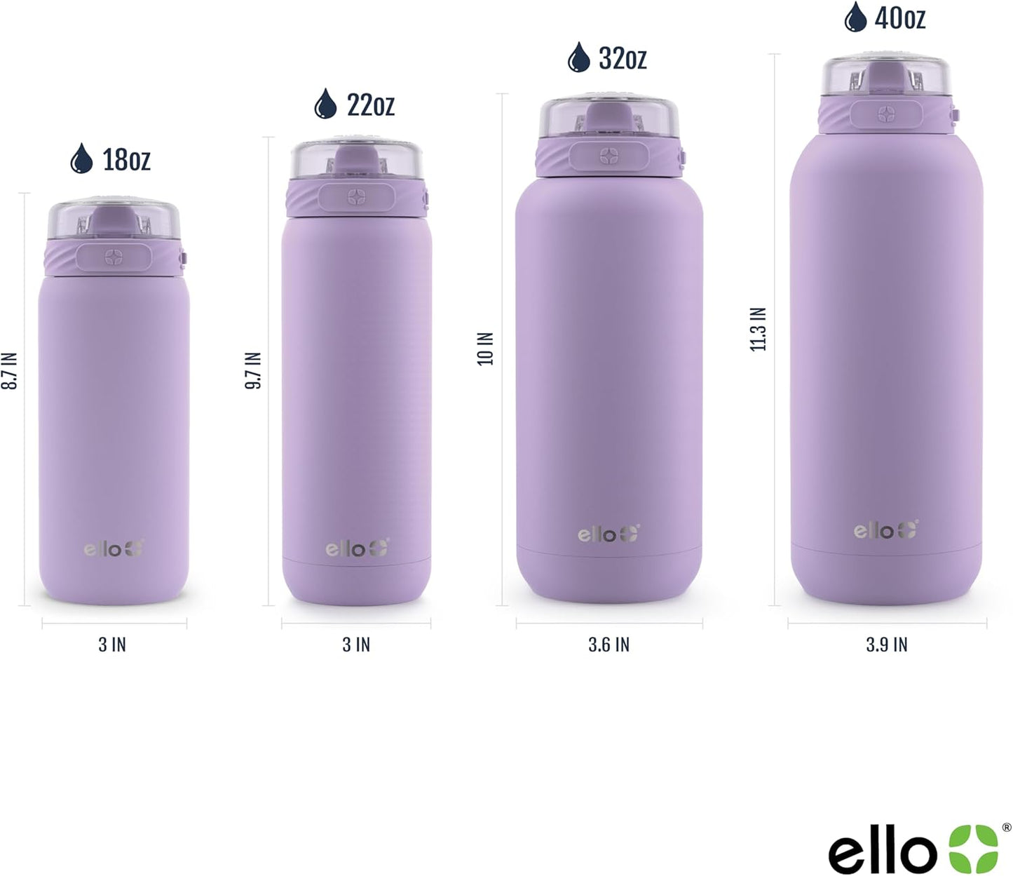 Ello Cooper 22oz Stainless Steel Water Bottle with Straw and Carry Handle, Double Walled and Vacuum Insulated Metal, Leak Proof Locking Lid with Soft Silicone Spout, Reusable, BPA Free, Lilac