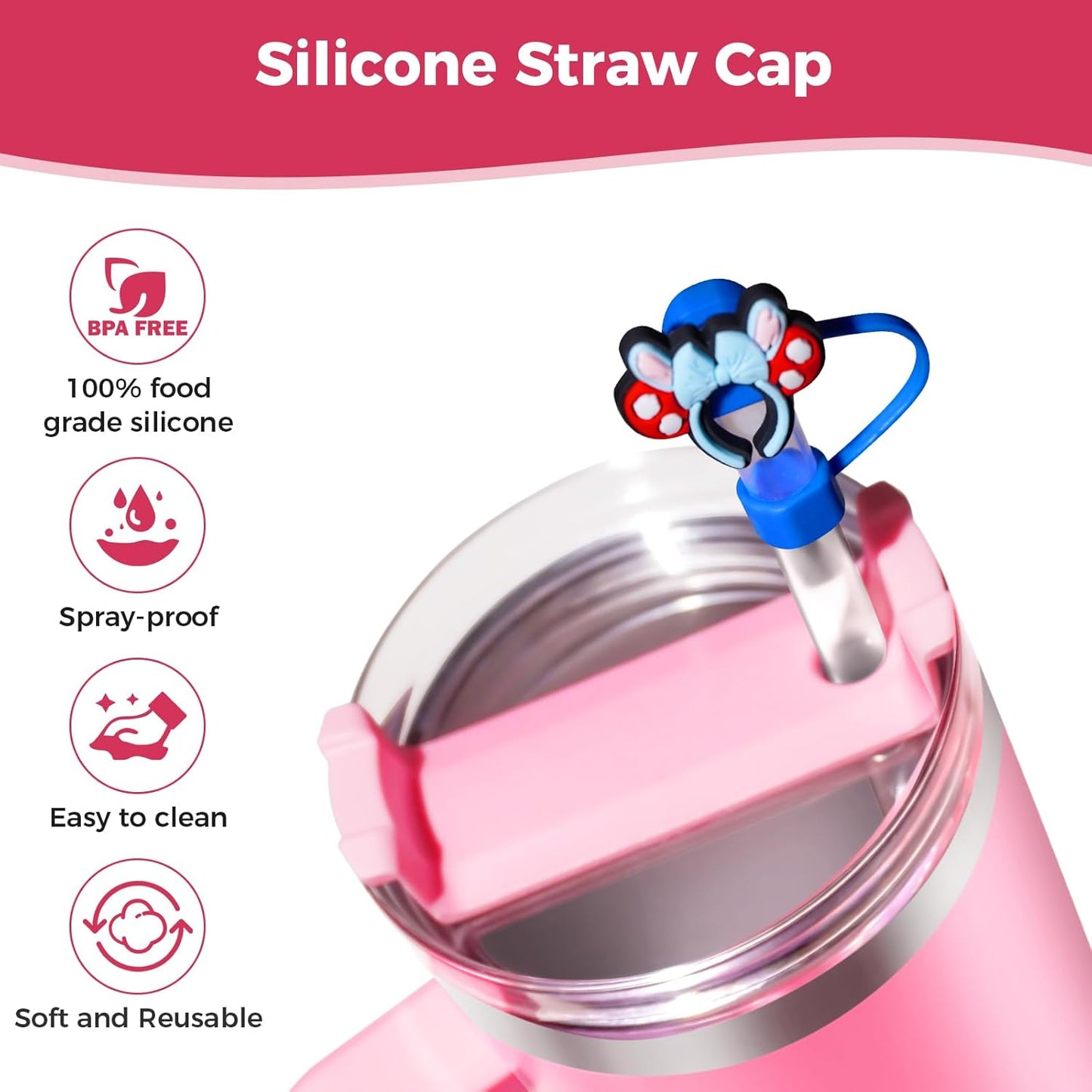 6PCS Pink Black Girl Straw Covers for Stanley Cup，Cute Silicone Straw Topper for 10mm Drinking Straw Tip Covers Stanley Cup Accessories