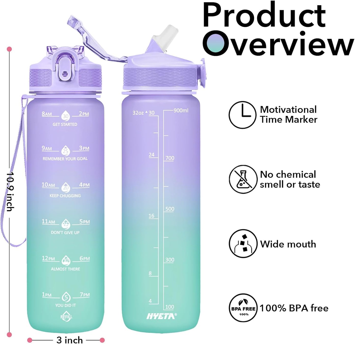 Hyeta 32oz Water Bottles with Straw - Stay Motivated and Hydrated with Convenient Times to Drink Markings, Durable, Leak-proof