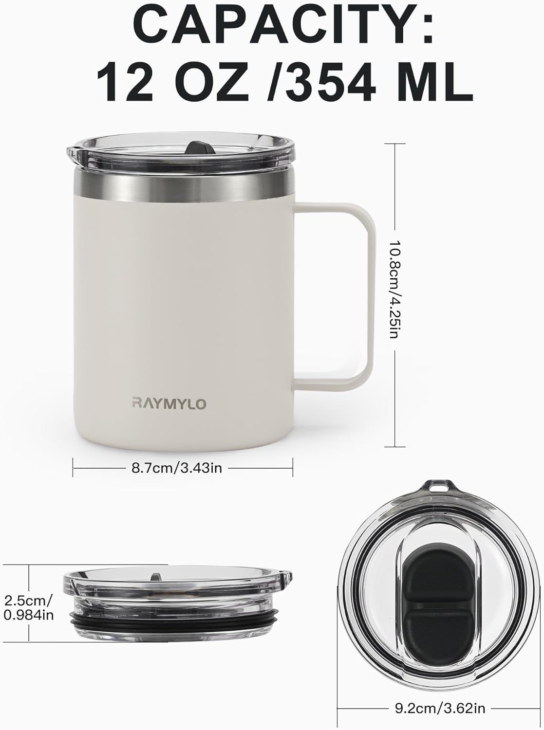 RAYMYLO Insulated Coffee Mug 12 oz, Double Wall Stainless Steel Coffee Mug with Lids, Leak-Proof & Detachable Slider Lid for Thorough Clean, Keeps Coffee Cold for 9 Hrs, Suitable for Camp Home Office