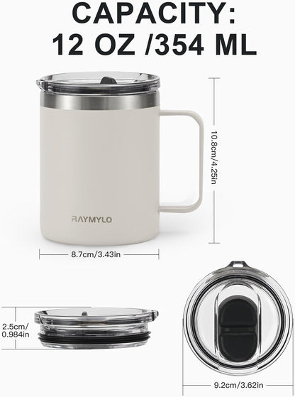 RAYMYLO Insulated Coffee Mug 12 oz, Double Wall Stainless Steel Coffee Mug with Lids, Leak-Proof & Detachable Slider Lid for Thorough Clean, Keeps Coffee Cold for 9 Hrs, Suitable for Camp Home Office