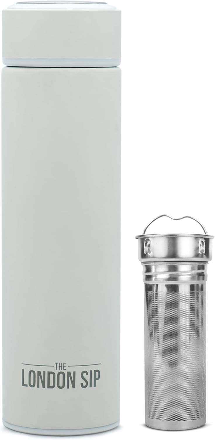 The London Sip Multi-Purpose Travel Mug and Tumbler Fruit Infused Flask Hot and Cold Double Wall Stainless Steel Thermos with Extra-Long Infuser, Purple