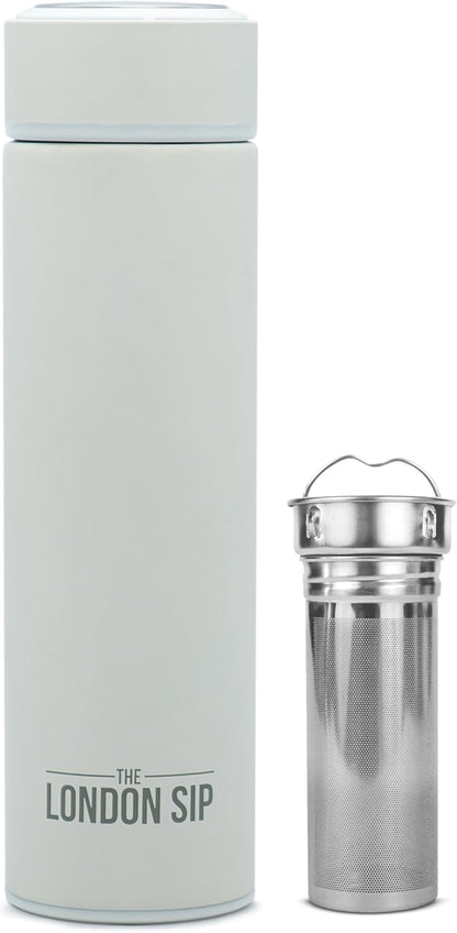 The London Sip Multi-Purpose Travel Mug and Tumbler Fruit Infused Flask Hot and Cold Double Wall Stainless Steel Thermos with Extra-Long Infuser, Purple