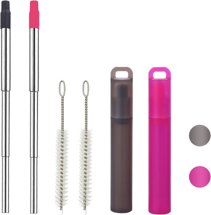 NAIVELY-Metal Reusable Straws 3 Pack Collapsible Portable Stainless Steel Drinking Straw Telescopic Travel Straw, with Case and Cleaning Brush Foldable Pocket Straws