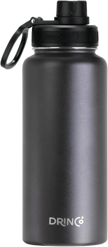 Drinco Stainless Steel Water Bottle Spout Lid Vacuum Insulated Double Wall Water Bottle Wide Mouth (40oz 32oz 22oz 18oz 14oz) Leak Proof Keep Cold Sport Camping Hiking (22 oz, 22oz Black)