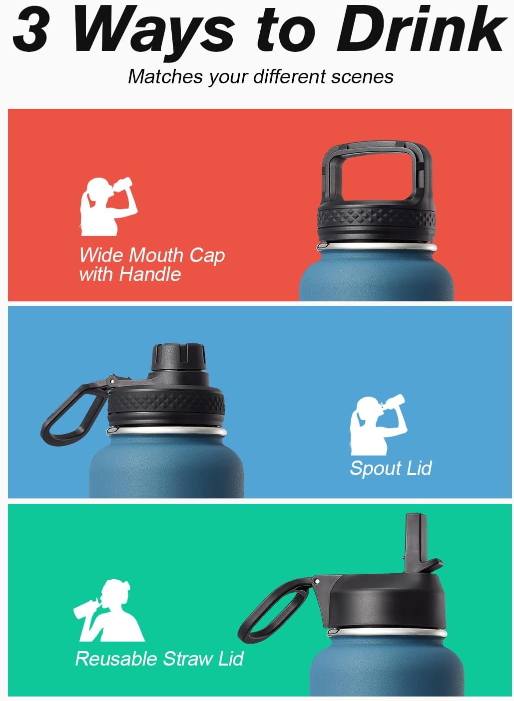 Half Gallon Water Bottle Insulated with Straw & 3 Lids, Coolflask 64 oz Water Jug Large Metal Stainless Steel Wide Mouth for Sports, Gym or Office, Non-BPA Keep Cold 48H Hot 24H, Samurai Cyan