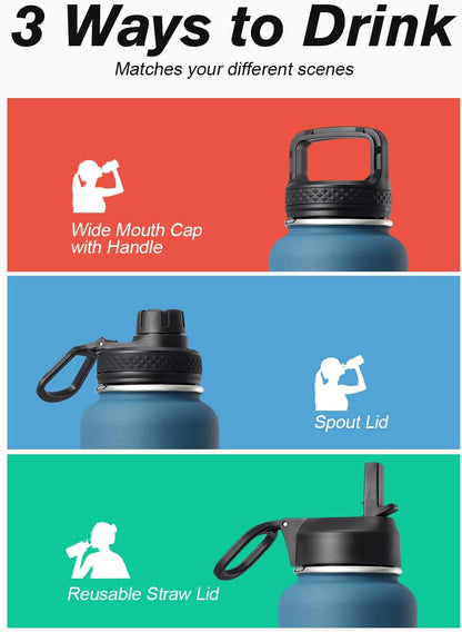 Half Gallon Water Bottle Insulated with Straw & 3 Lids, Coolflask 64 oz Water Jug Large Metal Stainless Steel Wide Mouth for Sports, Gym or Office, Non-BPA Keep Cold 48H Hot 24H, Samurai Cyan