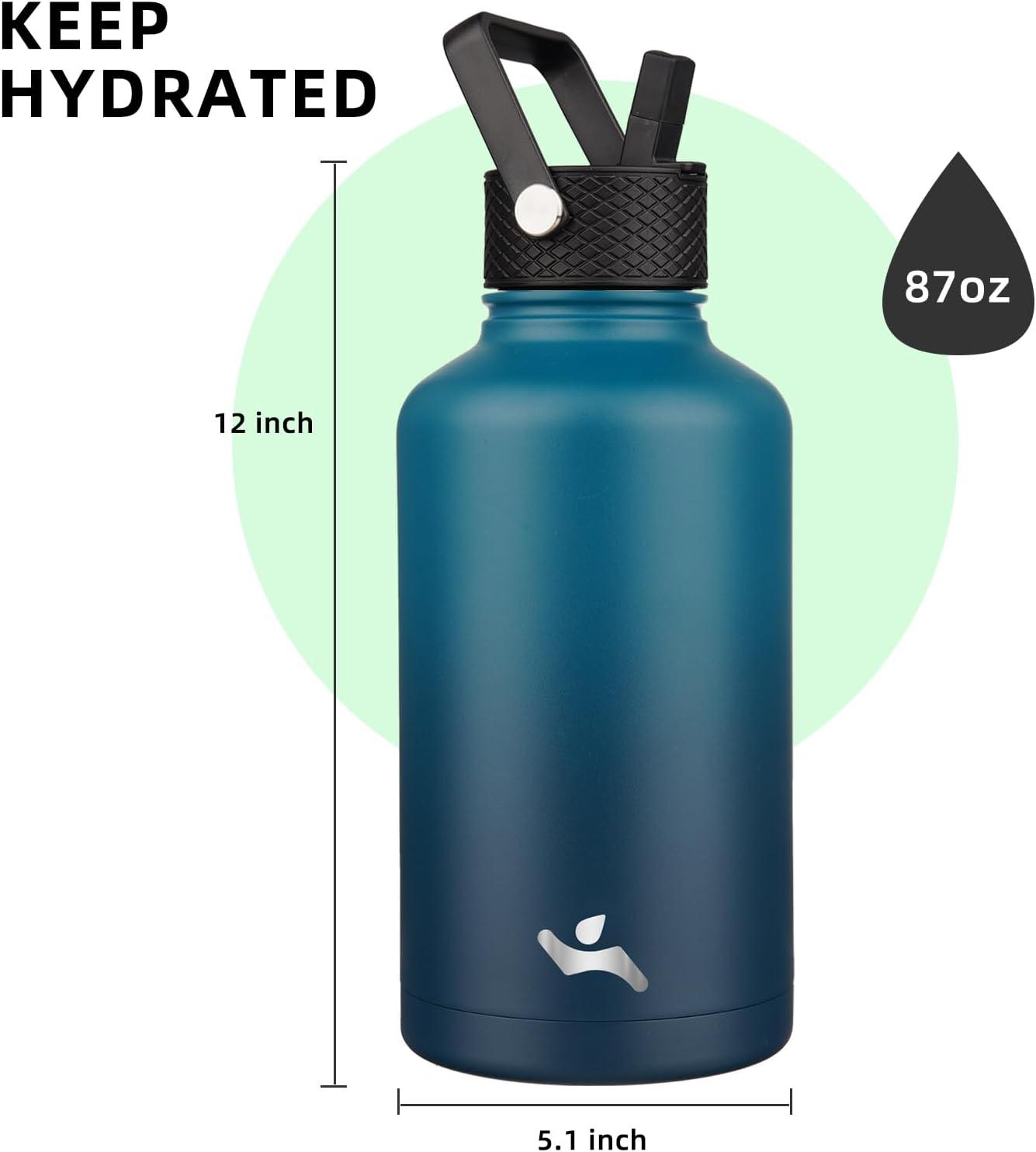 Konokyo 22oz Stainless Steel Bottles with 3 Lids Sport Insulated Water Bottle,Mint