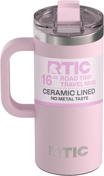 RTIC 20oz Road Trip Travel Mug with Lid and Handle, Ceramic Lined, Insulated, Stainless Steel, Metal, Double Wall Vacuum-Insulation, Portable Coffee, Tea Cup for Hot and Cold Drink, Black