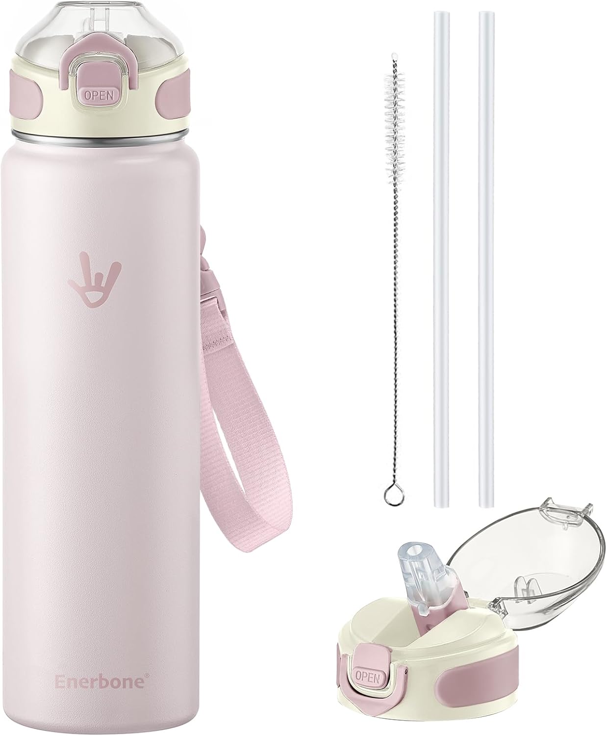 Enerbone 24 oz Insulated Water Bottle, Stainless Steel Bottle with Carrying Strap, Double-Wall Vacuum Insulation Design, Leakproof Sports Bottle with Straw, Keep Drinks Cold or Hot for Hours