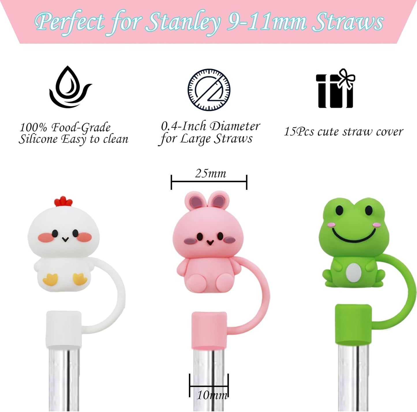 15Pcs Straw Toppers for Stanley Cup, Silicone 10mm Straw Cover Cap for Stanley 30 40oz Tumblers, Reusable Lid Accessories