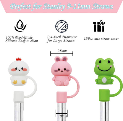 15Pcs Straw Toppers for Stanley Cup, Silicone 10mm Straw Cover Cap for Stanley 30 40oz Tumblers, Reusable Lid Accessories
