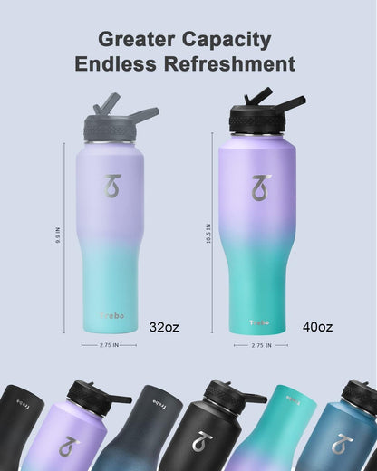 Trebo 40 oz Water Bottle Insulated Fit Car Cup Holder with Handle, Stainless Steel Water Bottles Tumbler with Spout Straw Lids, Double Wall Travel Reusable Flask, Leakproof Mug,Keep Cold &Hot,Black