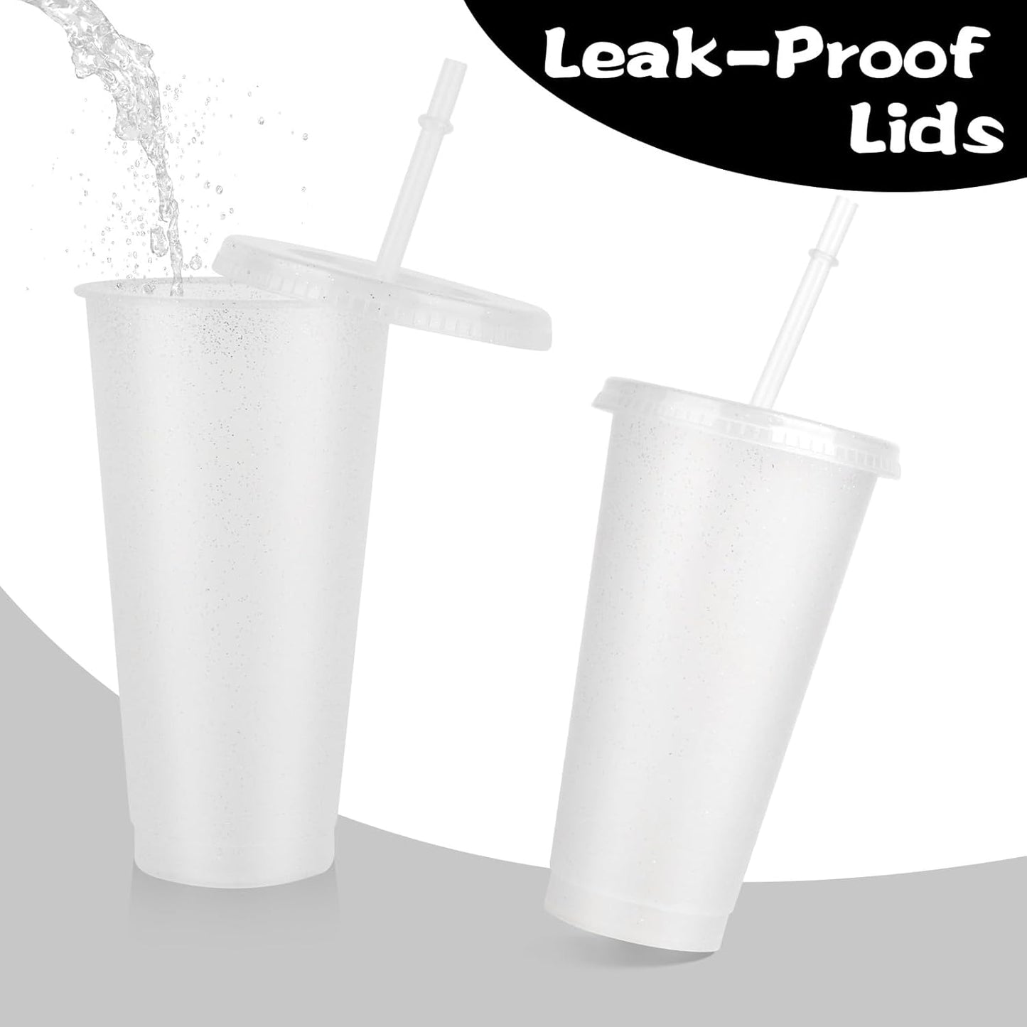 Hxezoc 16-Piece Reusable Cups with Lids and Straws, 24 oz Glitter Plastic Tumbler Iced Coffee Cups Travel Mug Cup for Smoothie Juices Beach or Bachelor Party (Black)