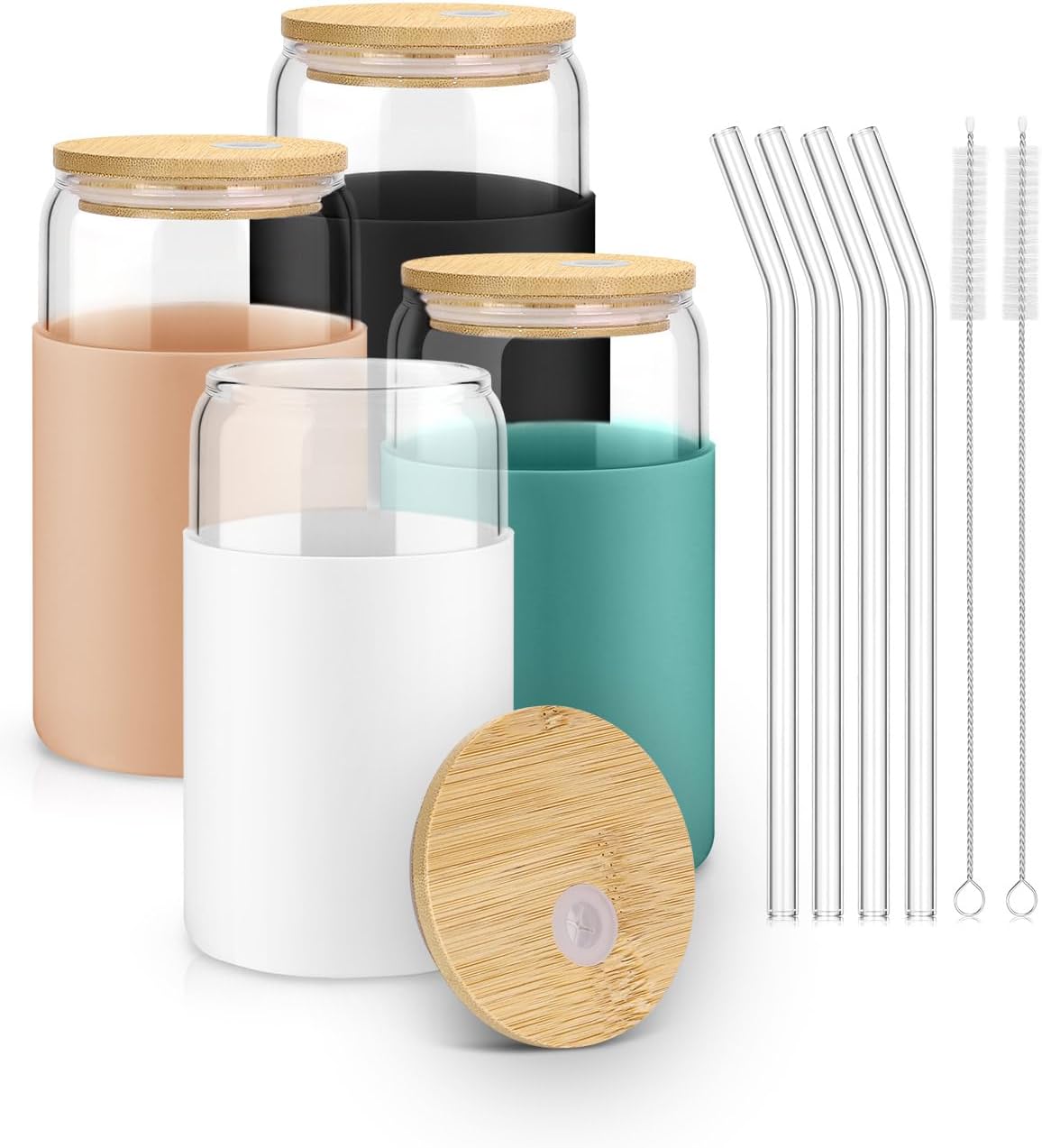 sungwoo 4PCS Glass Cups with Bamboo Lids and Straws, 16OZ Ice Coffee Cup, Drinking Cup set with Wooden Lids, Home Essential Glass Tumblers for Beer, Cocktail, Tea and Latte Clear