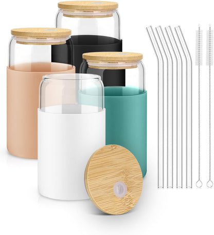 sungwoo 4PCS Glass Cups with Bamboo Lids and Straws, 16OZ Ice Coffee Cup, Drinking Cup set with Wooden Lids, Home Essential Glass Tumblers for Beer, Cocktail, Tea and Latte Clear