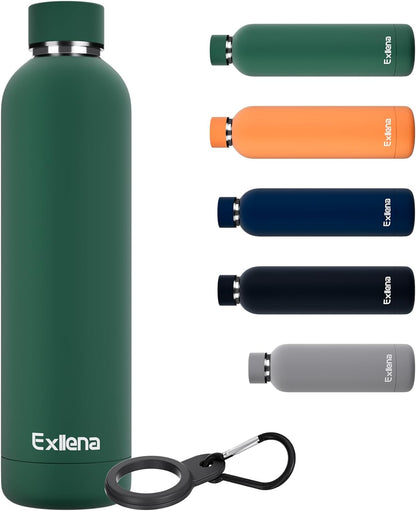 Exllena Slim Insulated Water Bottles for Travel 18oz with Clip, Double Wall Vacuum Stainless Steel Water Bottle Keeps Drinks Cold 24 Hrs/Hot 12 Hrs, 100% Leakproof, BPA Free(Black)