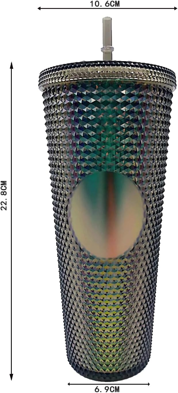 Studded Tumbler With Straw Tumblers With Lids And Straws Iridescent Blue Cups Water Cup With Straw And Lid BPA-Free Double-Wall Plastic for Iced Coffee Cups or Water 24 Oz