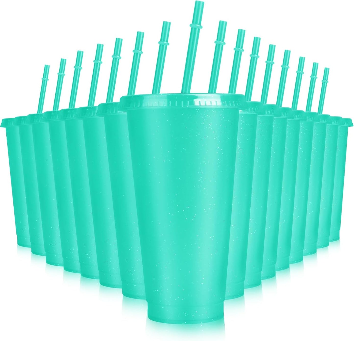 Hxezoc 16-Piece Reusable Cups with Lids and Straws, 24 oz Glitter Plastic Tumbler Iced Coffee Cups Travel Mug Cup for Smoothie Juices Beach or Bachelor Party (Black)