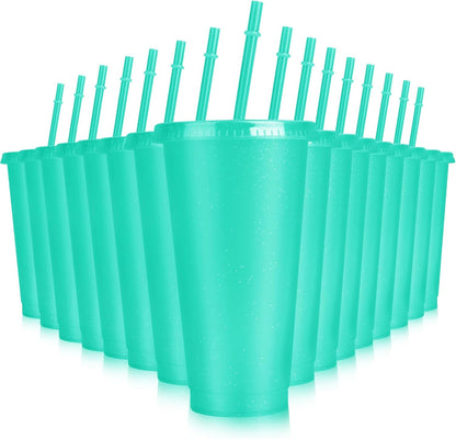 Hxezoc 16-Piece Reusable Cups with Lids and Straws, 24 oz Glitter Plastic Tumbler Iced Coffee Cups Travel Mug Cup for Smoothie Juices Beach or Bachelor Party (Black)