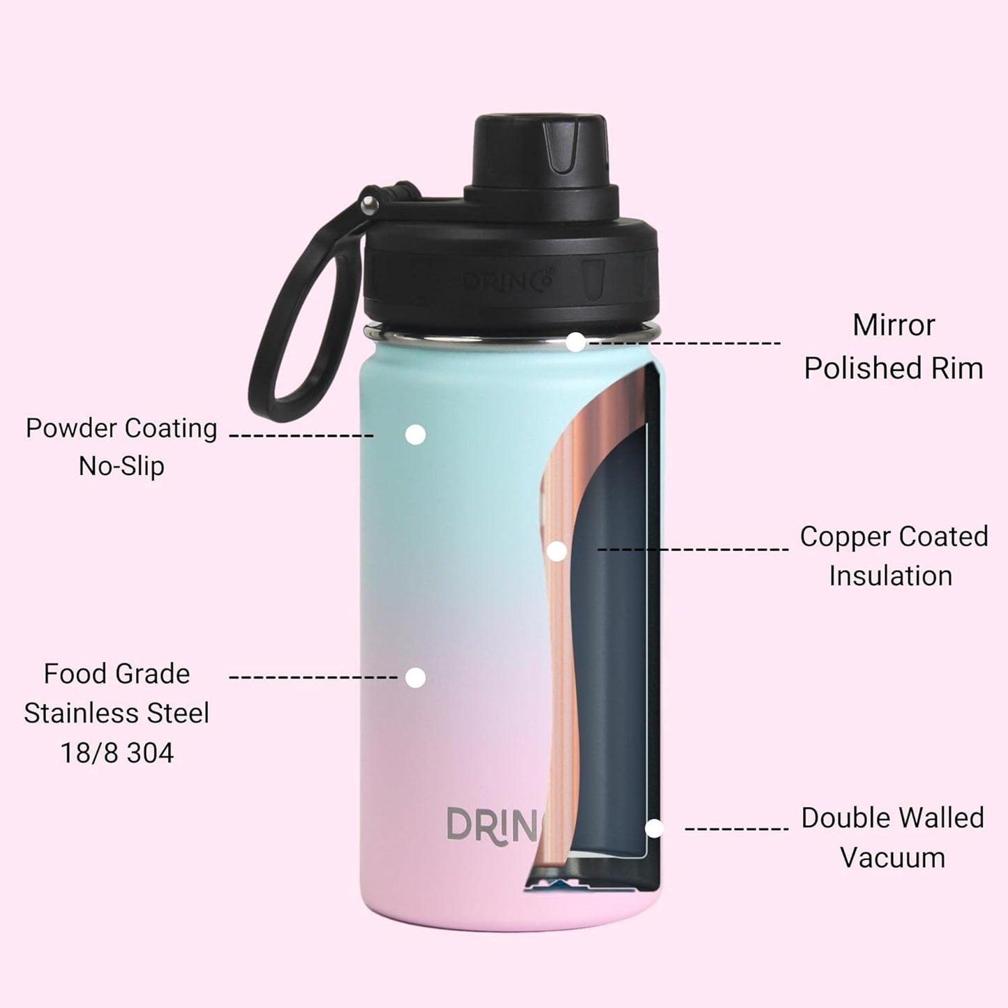 Drinco Stainless Steel Water Bottle Spout Lid Vacuum Insulated Double Wall Water Bottle Wide Mouth (40oz 32oz 22oz 18oz 14oz) Leak Proof Keep Cold Sport Camping Hiking (22 oz, 22oz Black)
