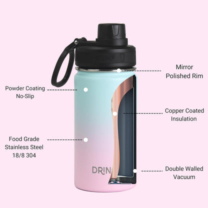Drinco Stainless Steel Water Bottle Spout Lid Vacuum Insulated Double Wall Water Bottle Wide Mouth (40oz 32oz 22oz 18oz 14oz) Leak Proof Keep Cold Sport Camping Hiking (22 oz, 22oz Black)