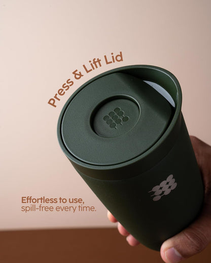 Cubitt Coffee Mug 12oz – Smart Lid, Ceramic Interior, Leak-Proof, Stainless Steel, Sand