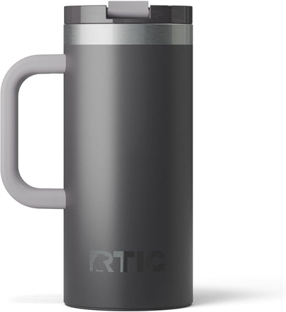 RTIC 20oz Road Trip Travel Mug with Lid and Handle, Ceramic Lined, Insulated, Stainless Steel, Metal, Double Wall Vacuum-Insulation, Portable Coffee, Tea Cup for Hot and Cold Drink, Black