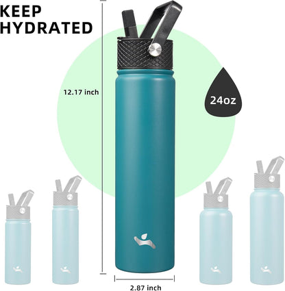 Konokyo 22oz Stainless Steel Bottles with 3 Lids Sport Insulated Water Bottle,Mint