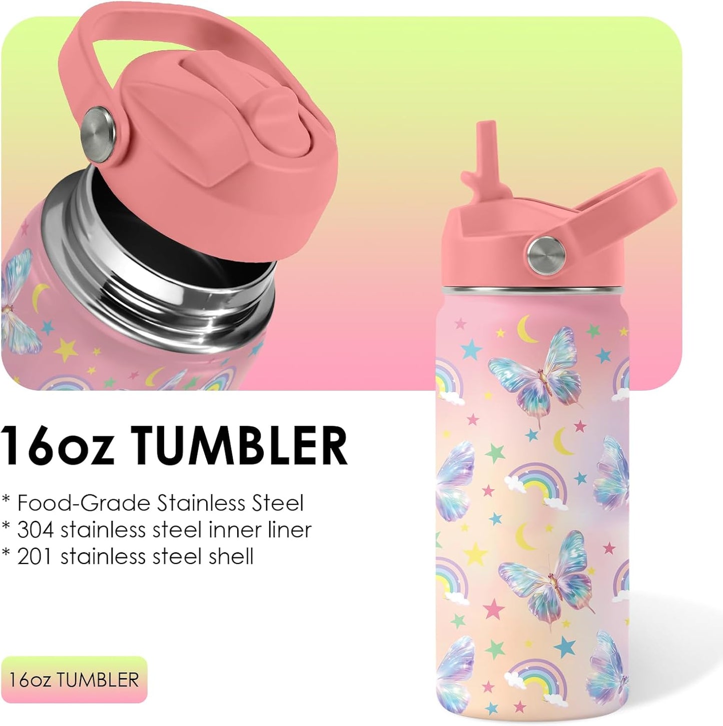 Strawberry Gifts for Kids - 16oz Pink Kids Water Bottle with Straw Lid, Stainless Steel Insulated Water Bottle, Leakproof, BPA-Free, for Girls, School, Strawberry Lover Children Birthday Gift Cup(1pc)