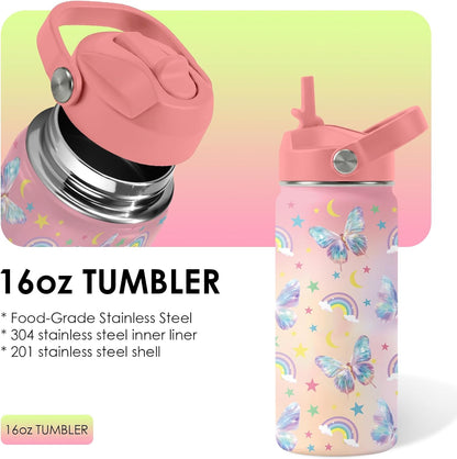 Strawberry Gifts for Kids - 16oz Pink Kids Water Bottle with Straw Lid, Stainless Steel Insulated Water Bottle, Leakproof, BPA-Free, for Girls, School, Strawberry Lover Children Birthday Gift Cup(1pc)