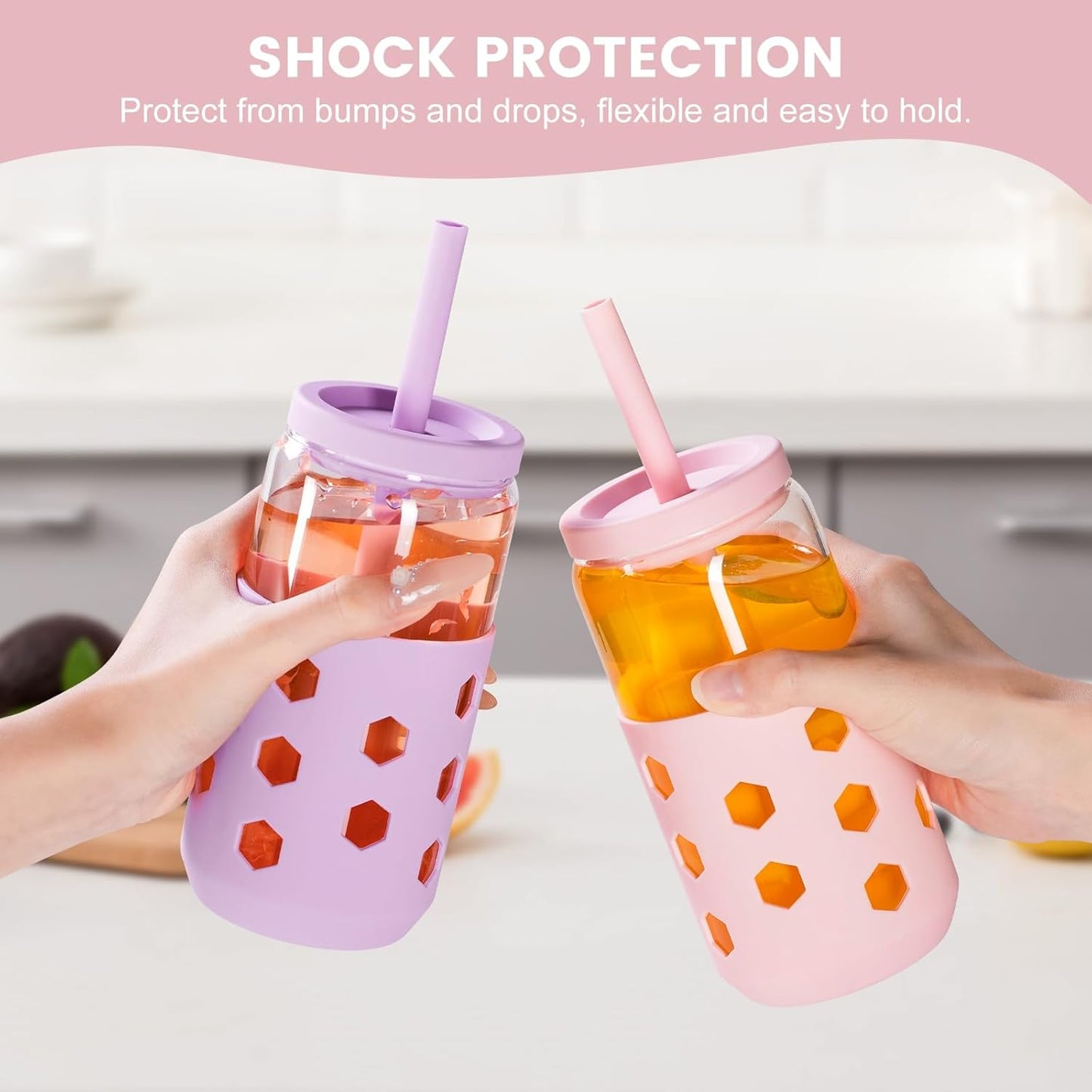 Mrsdry Glass Cups with Lids and Straws (4 Pcs), 16oz Drinking Glasses Set with Silicone Sleeves for Coffee Bar Accessories Iced Coffee Cups with Lids, Glass Tumbler Reusable for Gifts