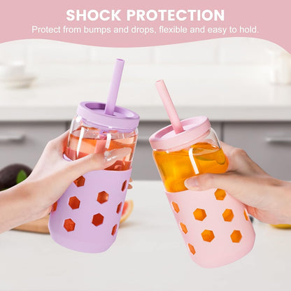 Mrsdry Glass Cups with Lids and Straws (4 Pcs), 16oz Drinking Glasses Set with Silicone Sleeves for Coffee Bar Accessories Iced Coffee Cups with Lids, Glass Tumbler Reusable for Gifts