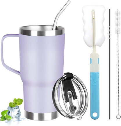 20 oz Tumbler with Handle, Stainless Steel Insulated Tumbler with Lid and Straw, Double Wall Vacuum Coffee Mug Tumbler, Insulated Coffee Thermal Cup for Cold and Hot (Light Purple)